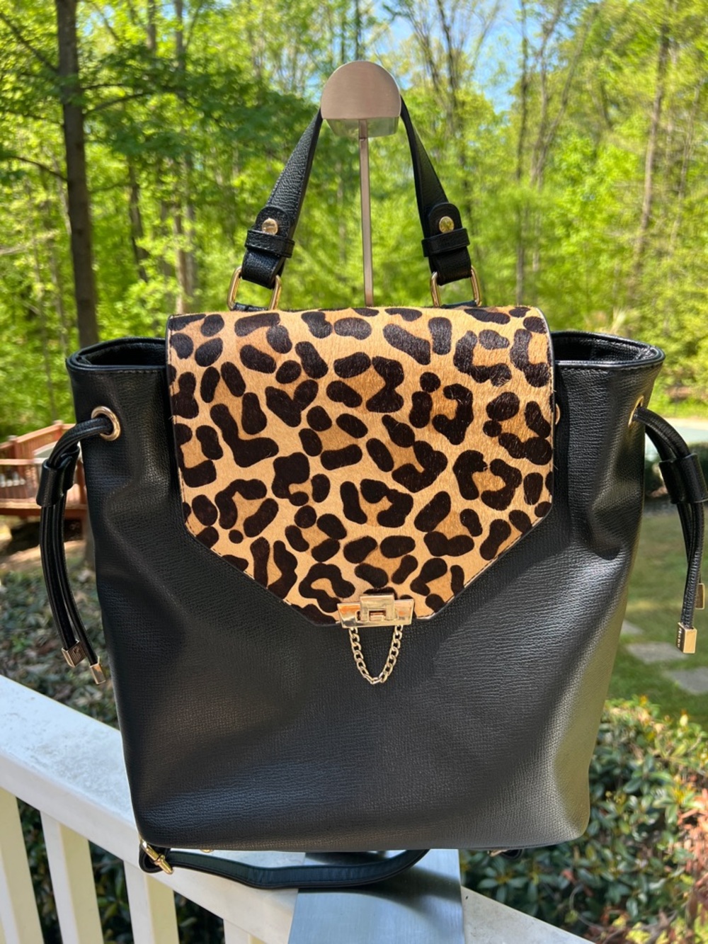 Dune London Black with Hair on Hide Leopard Print Ladies BackPack NWOT